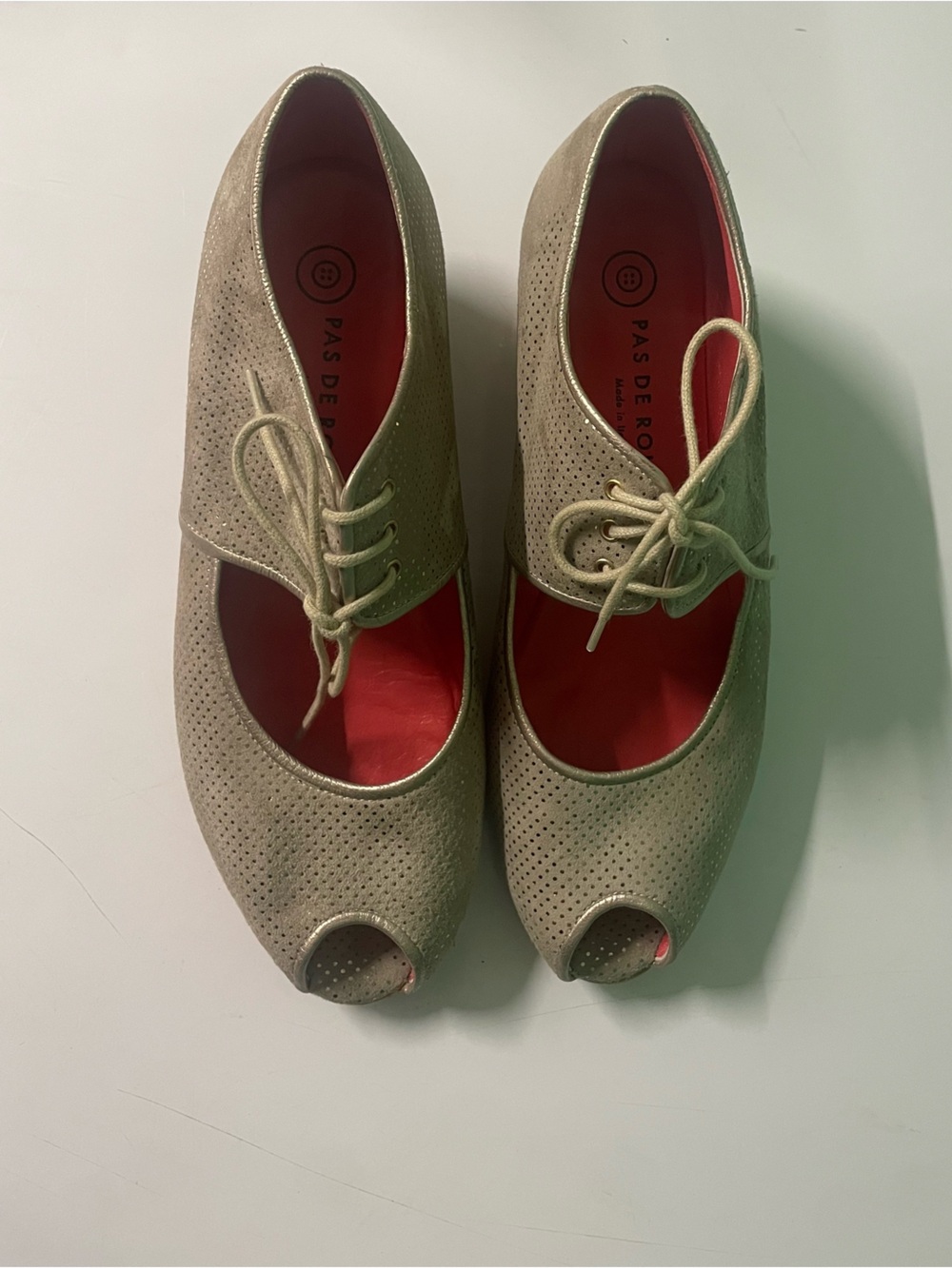 Pas de Rouge Perforated Peep-Toe Lace-Up Heels in Light Taupe with Red Interior